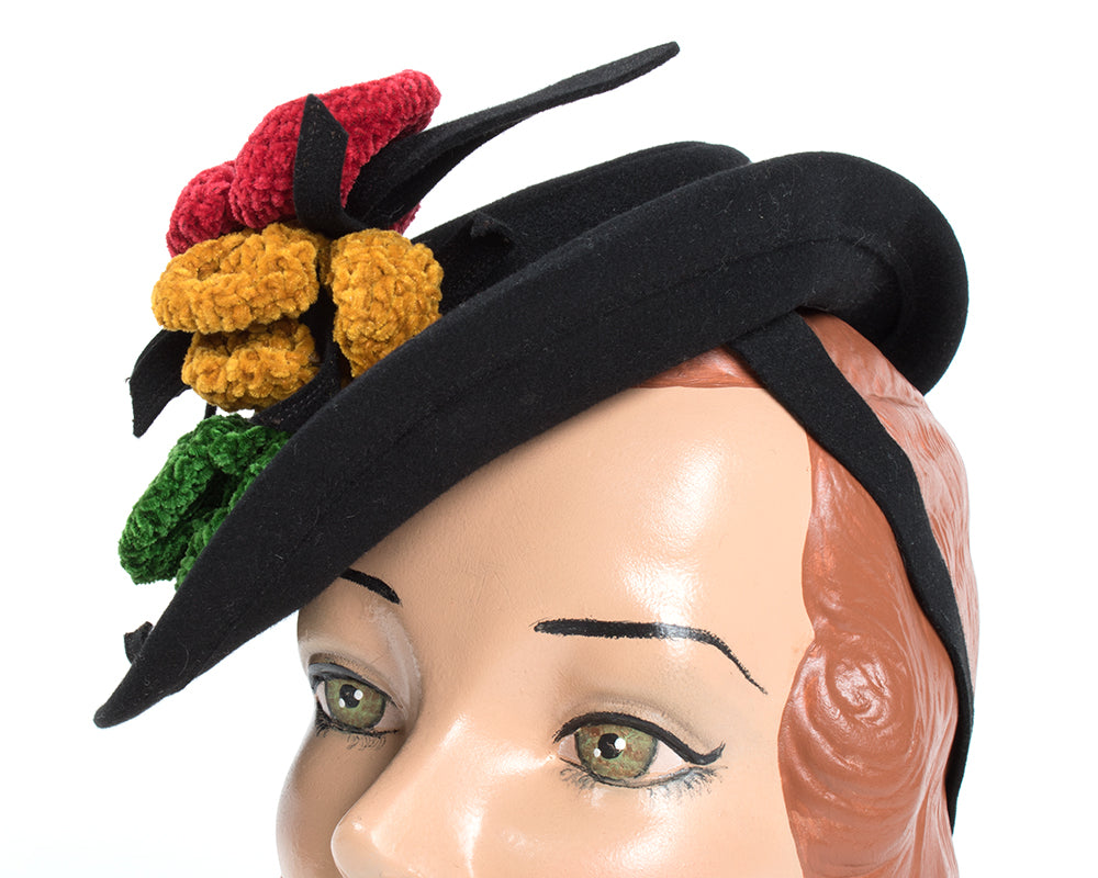 1940s Tri-Color Chenille Flowers & Black Wool Tilt Hat