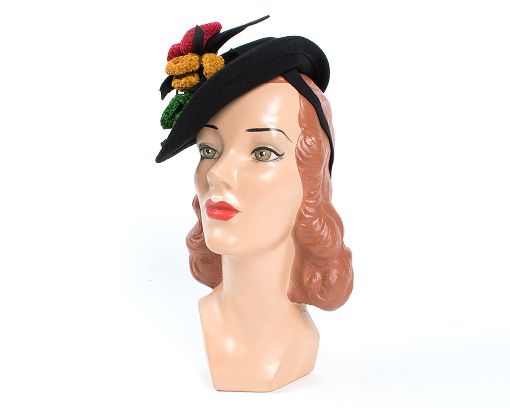 1940s Tri-Color Chenille Flowers & Black Wool Tilt Hat