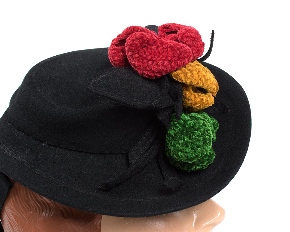1940s Tri-Color Chenille Flowers & Black Wool Tilt Hat