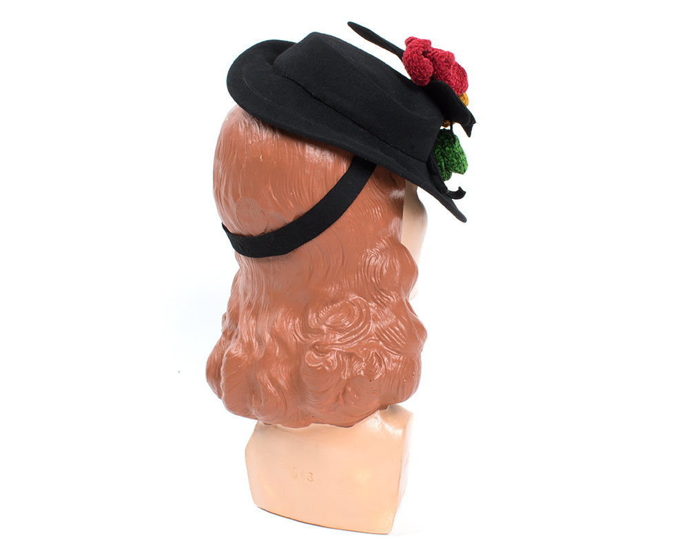 1940s Tri-Color Chenille Flowers & Black Wool Tilt Hat