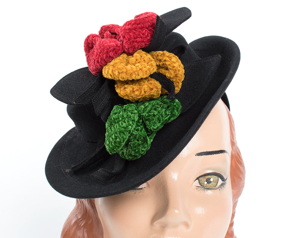 1940s Tri-Color Chenille Flowers & Black Wool Tilt Hat