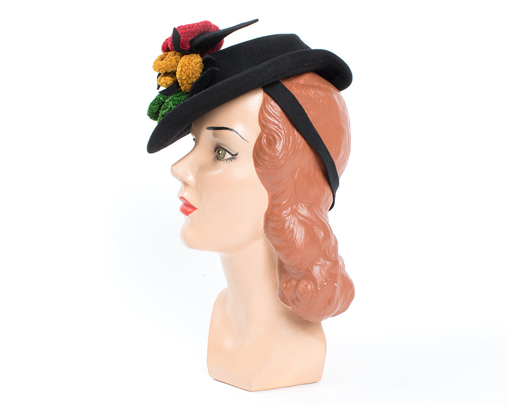 1940s Tri-Color Chenille Flowers & Black Wool Tilt Hat