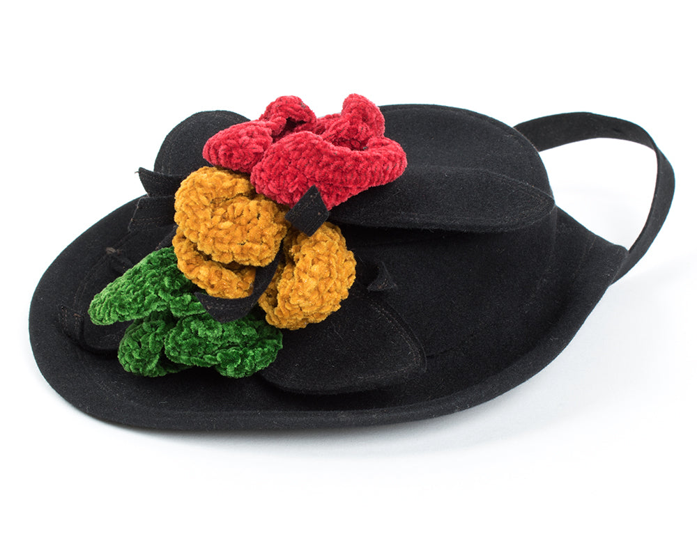 1940s Tri-Color Chenille Flowers & Black Wool Tilt Hat