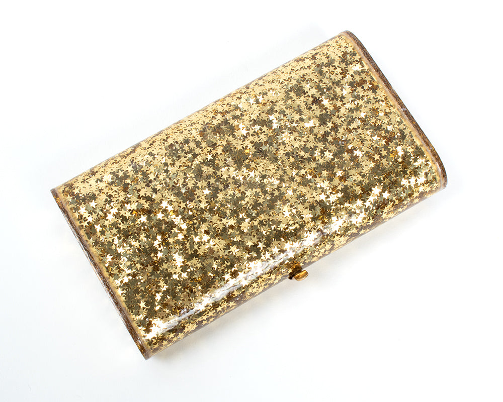 1950s Gold Star Confetti Lucite Clutch with Mirror