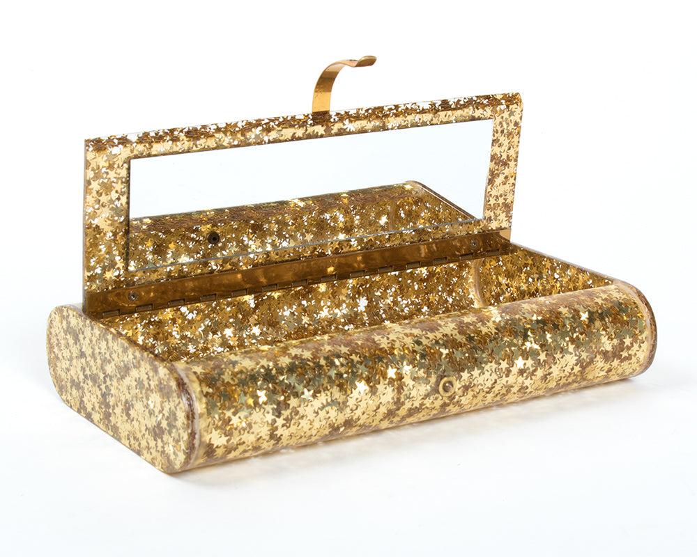 1950s Gold Star Confetti Lucite Clutch with Mirror