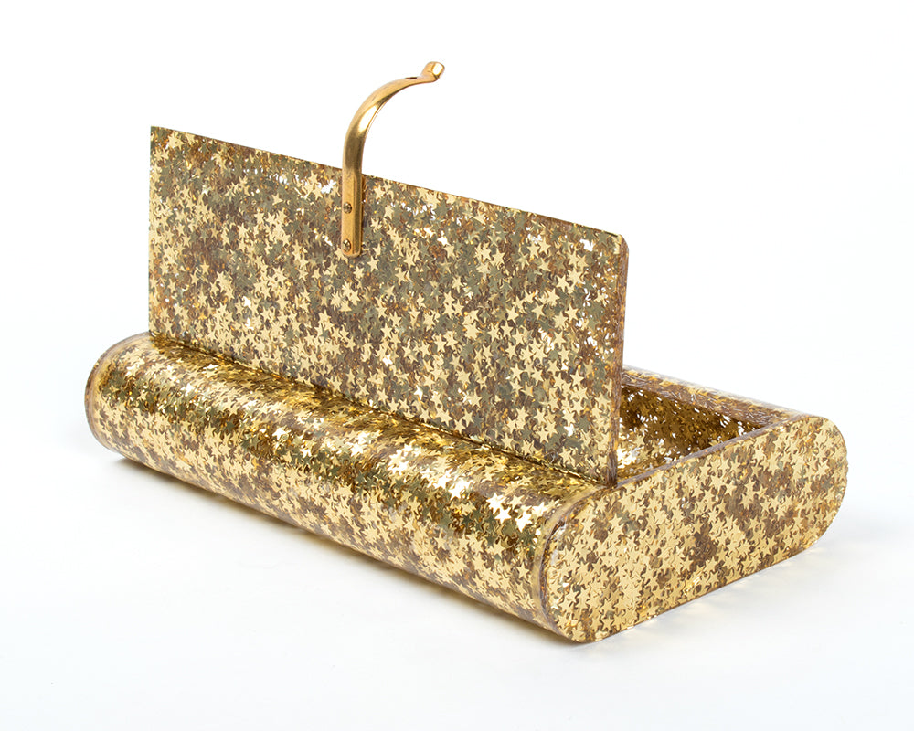 1950s Gold Star Confetti Lucite Clutch with Mirror