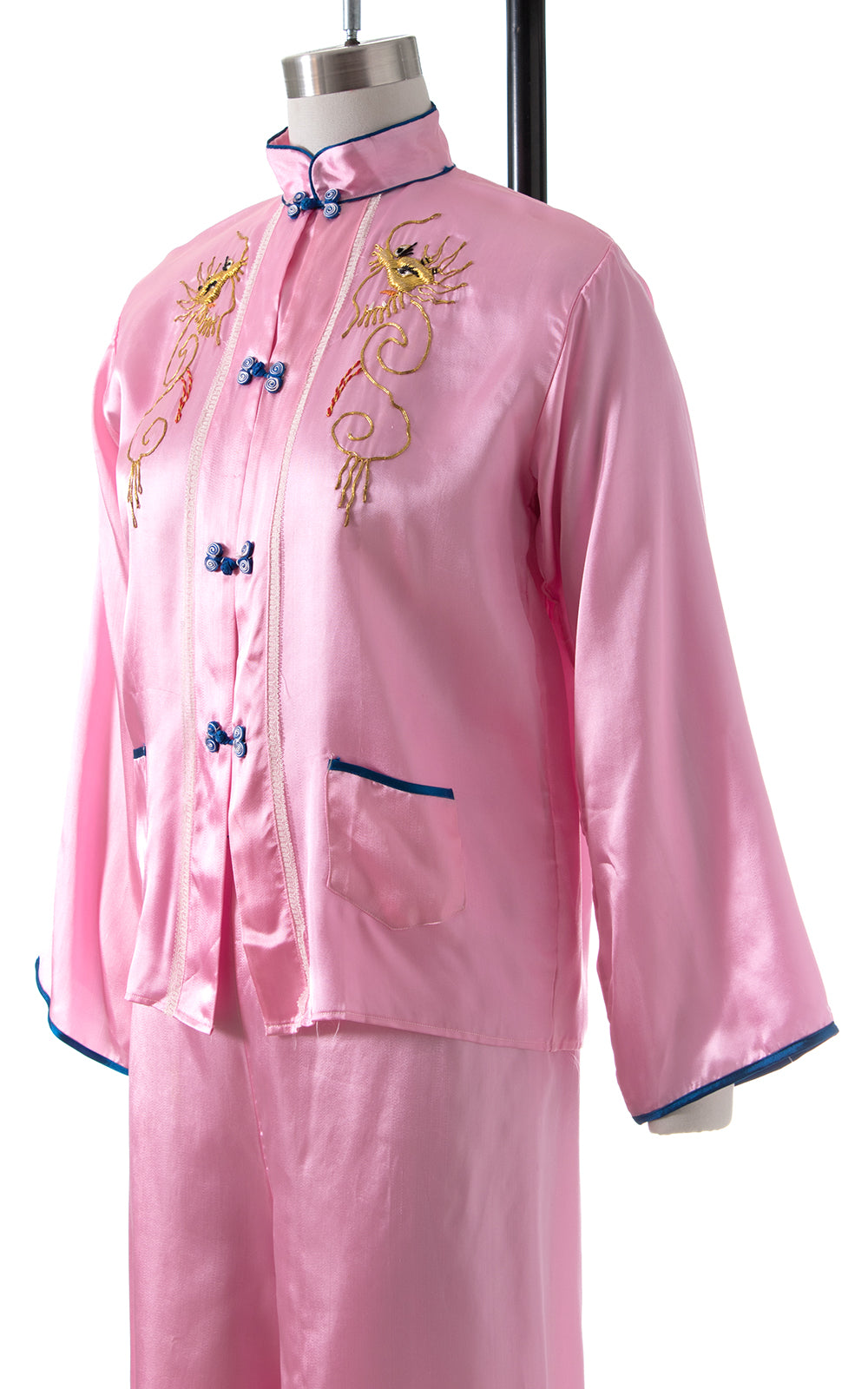 1960s Asian Dragon Embroidered Pink Satin Pajama, Robe & Slippers Set