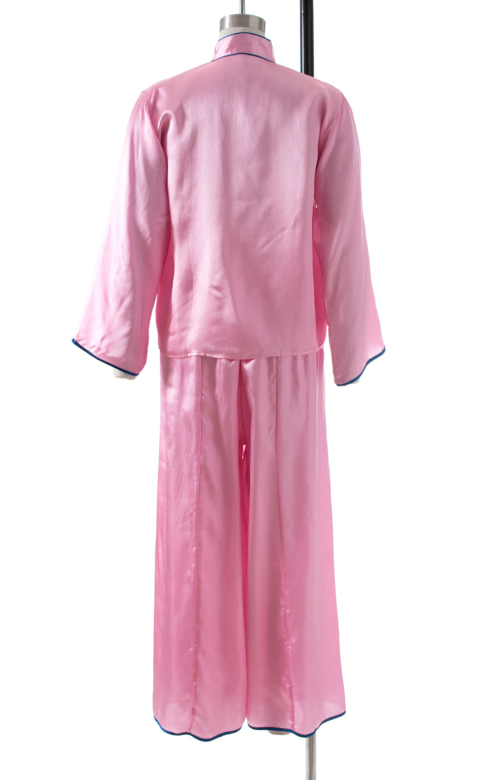 1960s Asian Dragon Embroidered Pink Satin Pajama, Robe & Slippers Set