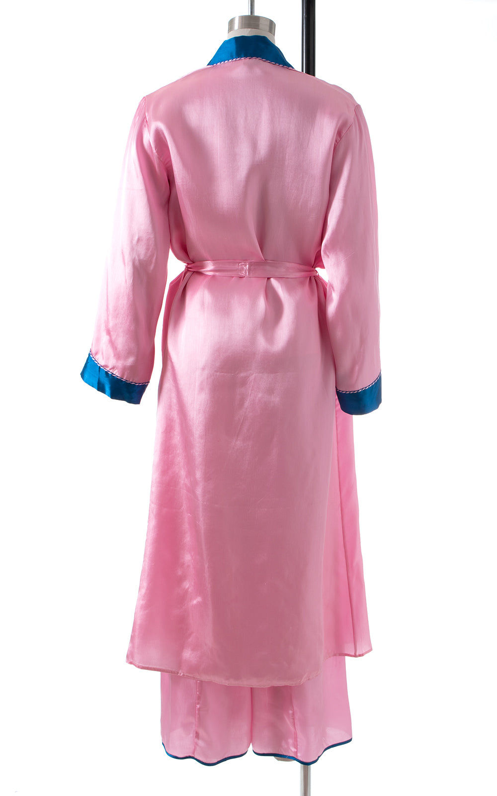 1960s Asian Dragon Embroidered Pink Satin Pajama, Robe & Slippers Set