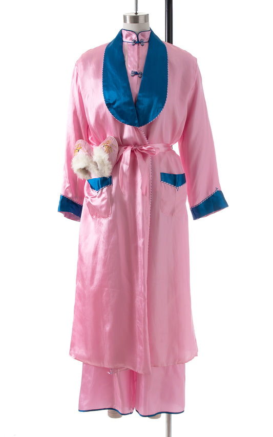 1960s Asian Dragon Embroidered Pink Satin Pajama, Robe & Slippers Set