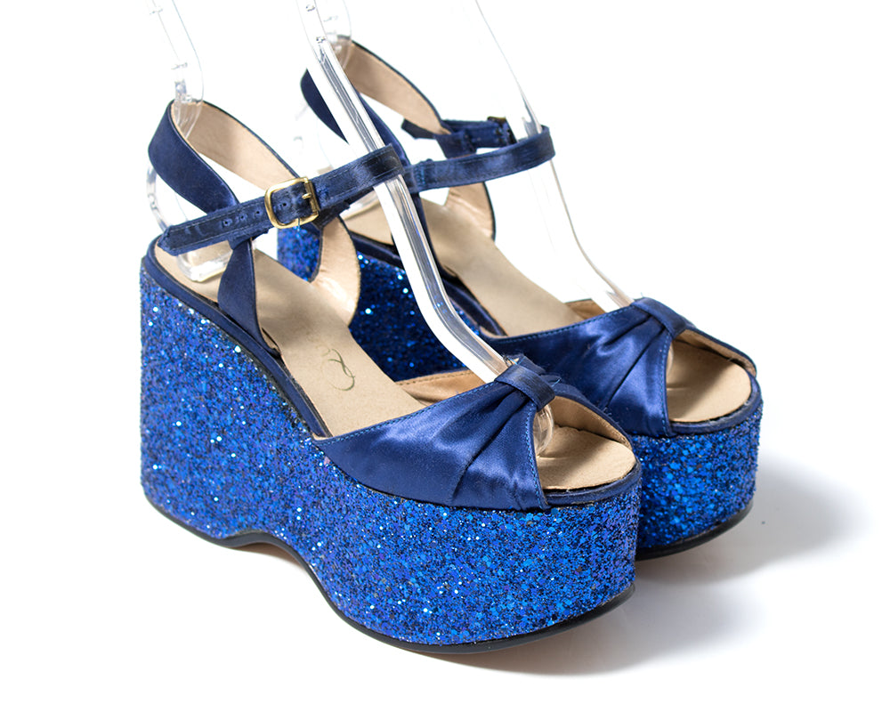 1970s Blue Glitter Platform Sandals