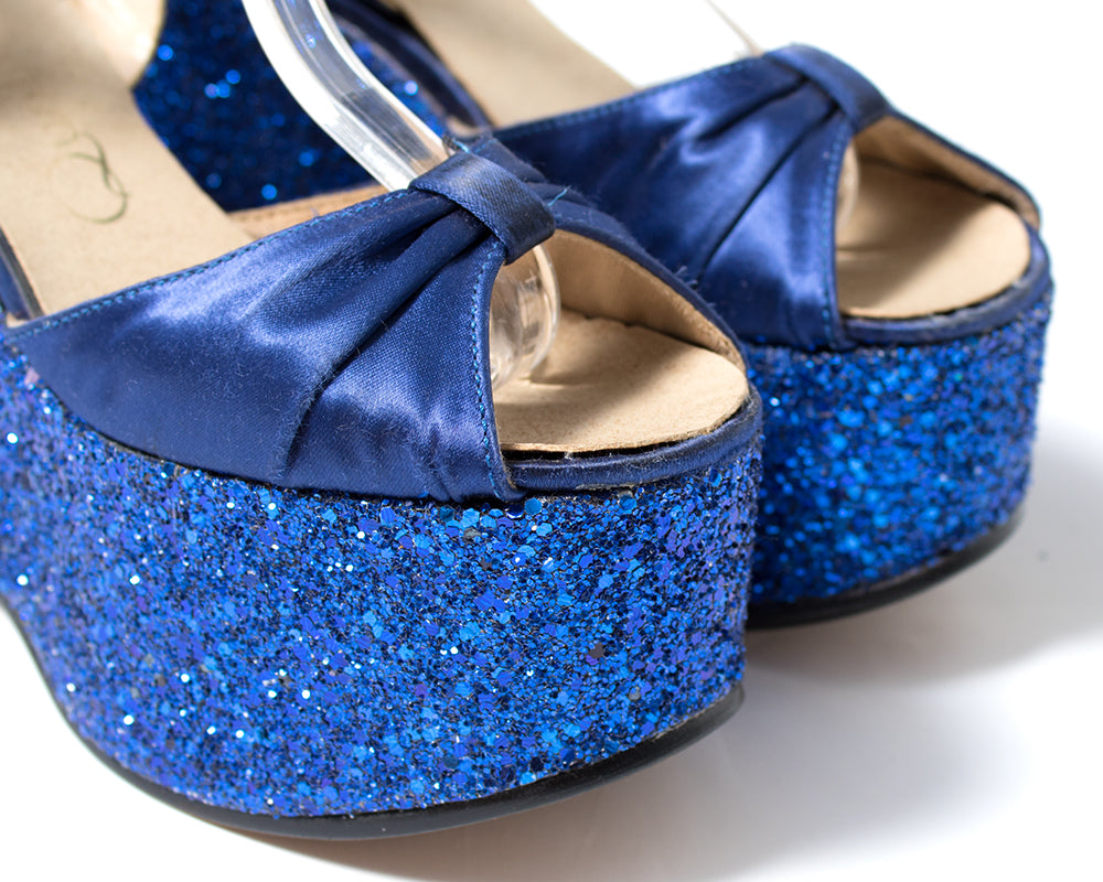 1970s Blue Glitter Platform Sandals