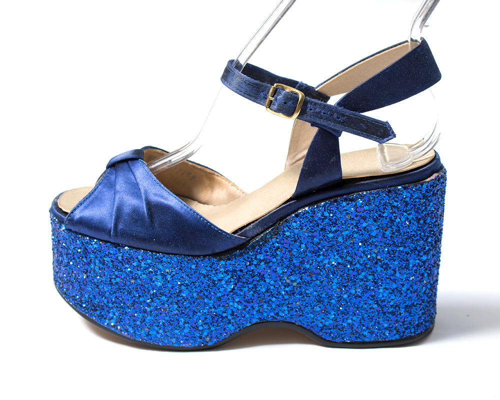 1970s Blue Glitter Platform Sandals