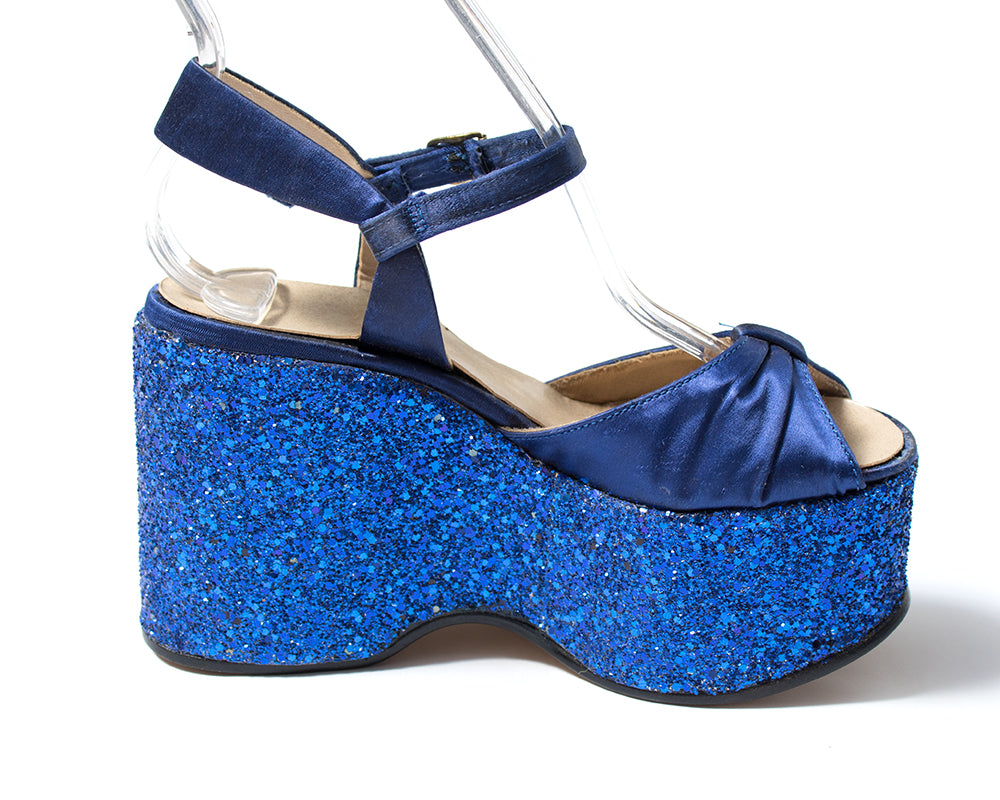 1970s Blue Glitter Platform Sandals