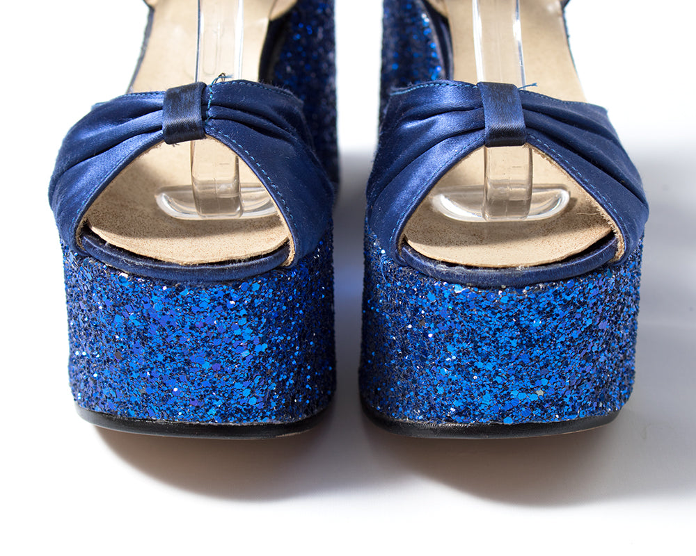 1970s Blue Glitter Platform Sandals