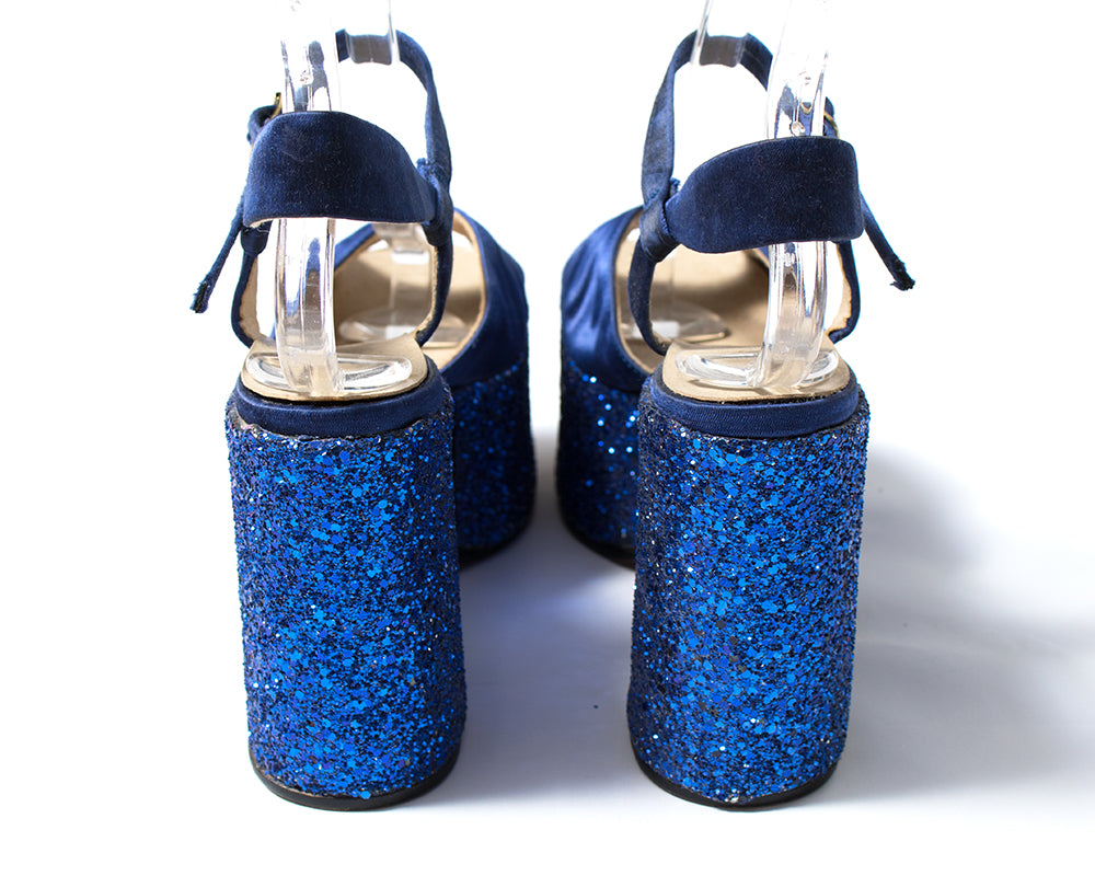 1970s Blue Glitter Platform Sandals