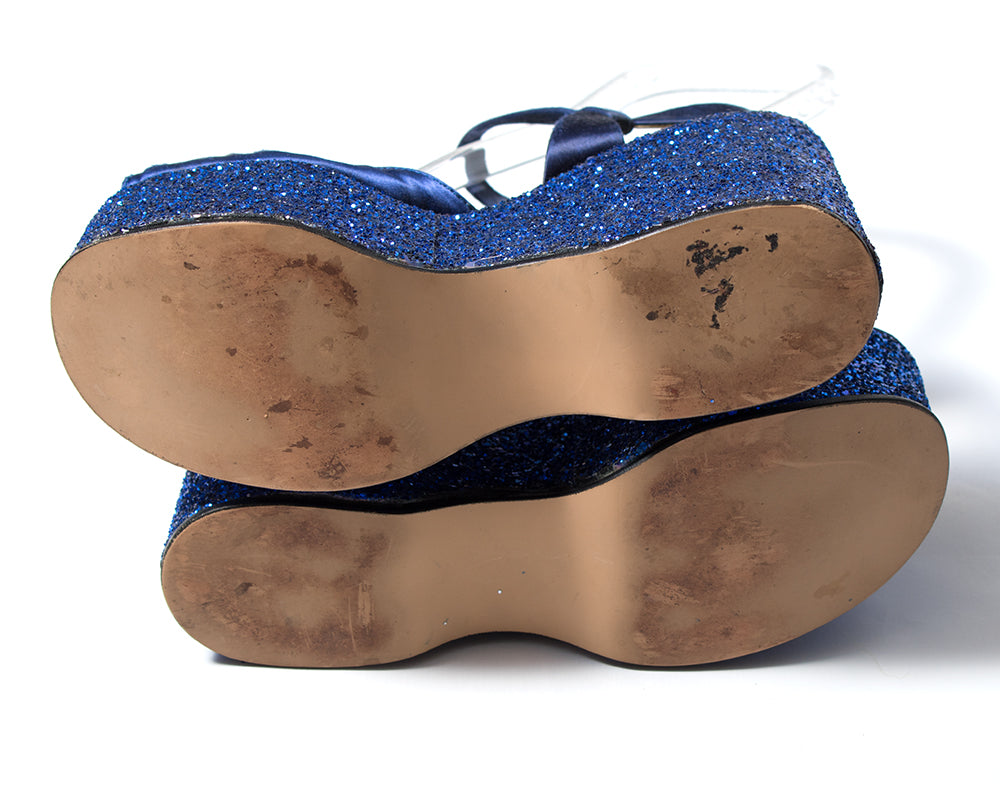 1970s Blue Glitter Platform Sandals