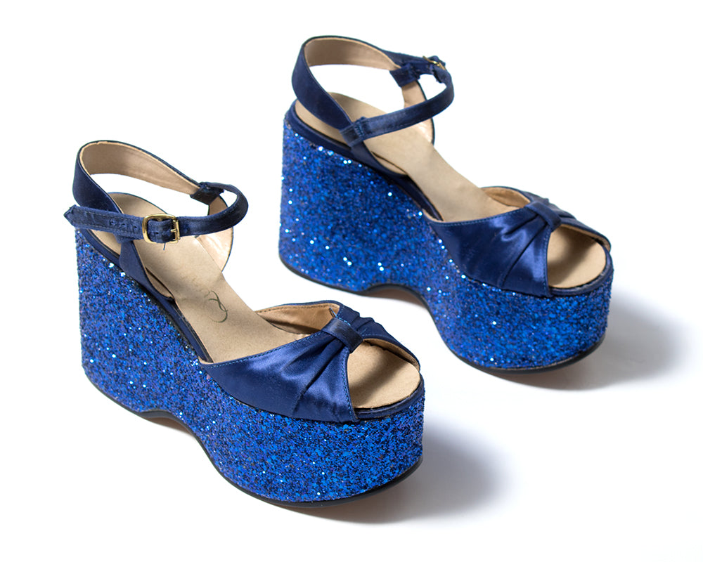 1970s Blue Glitter Platform Sandals