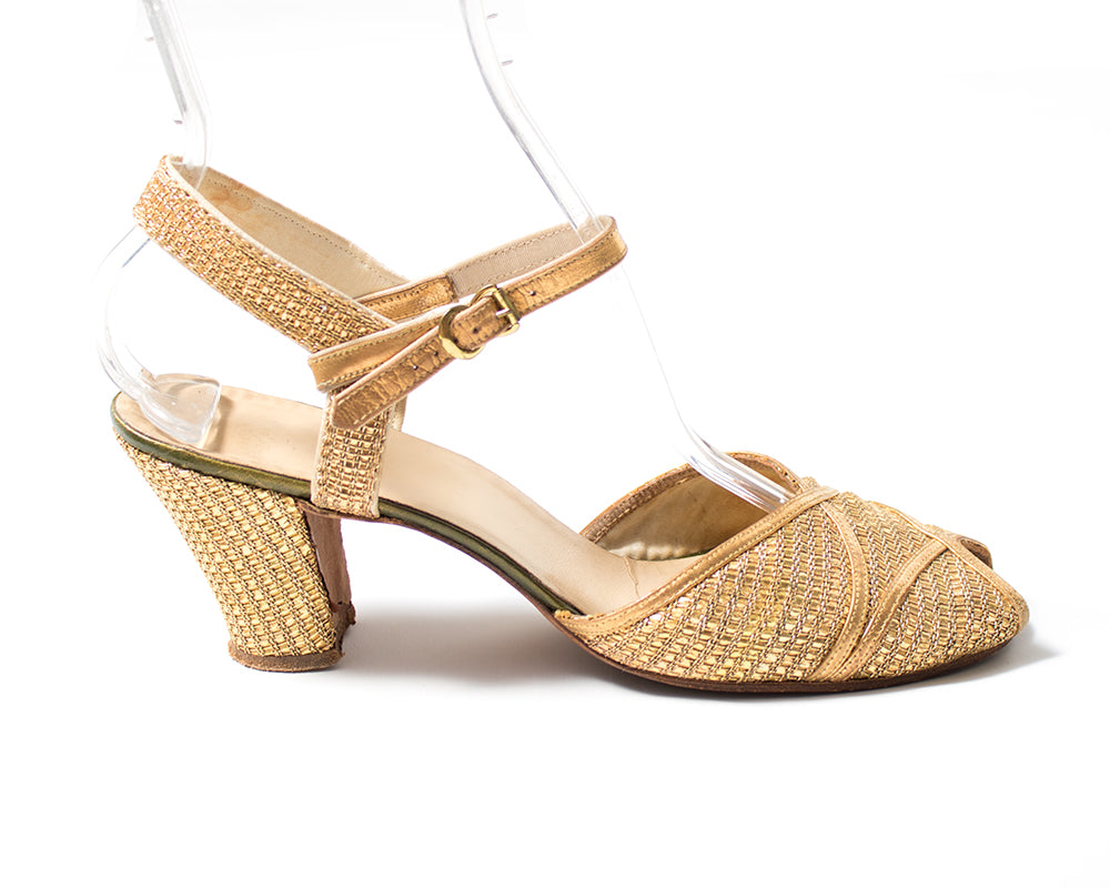 1930s Metallic Gold Woven Peep Toe Heels