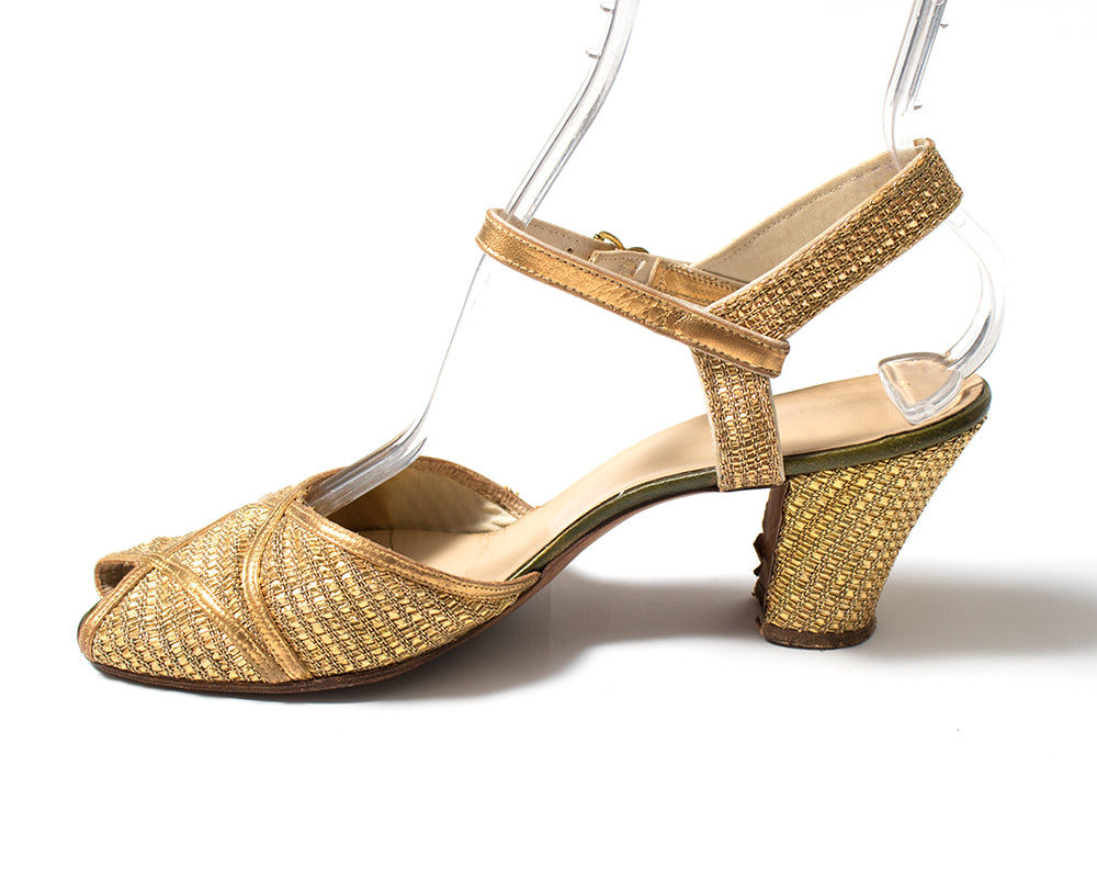 1930s Metallic Gold Woven Peep Toe Heels