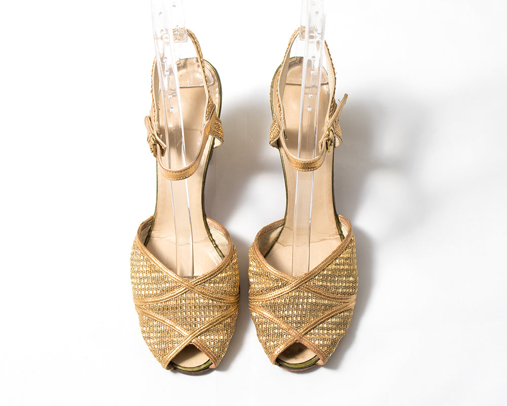1930s Metallic Gold Woven Peep Toe Heels
