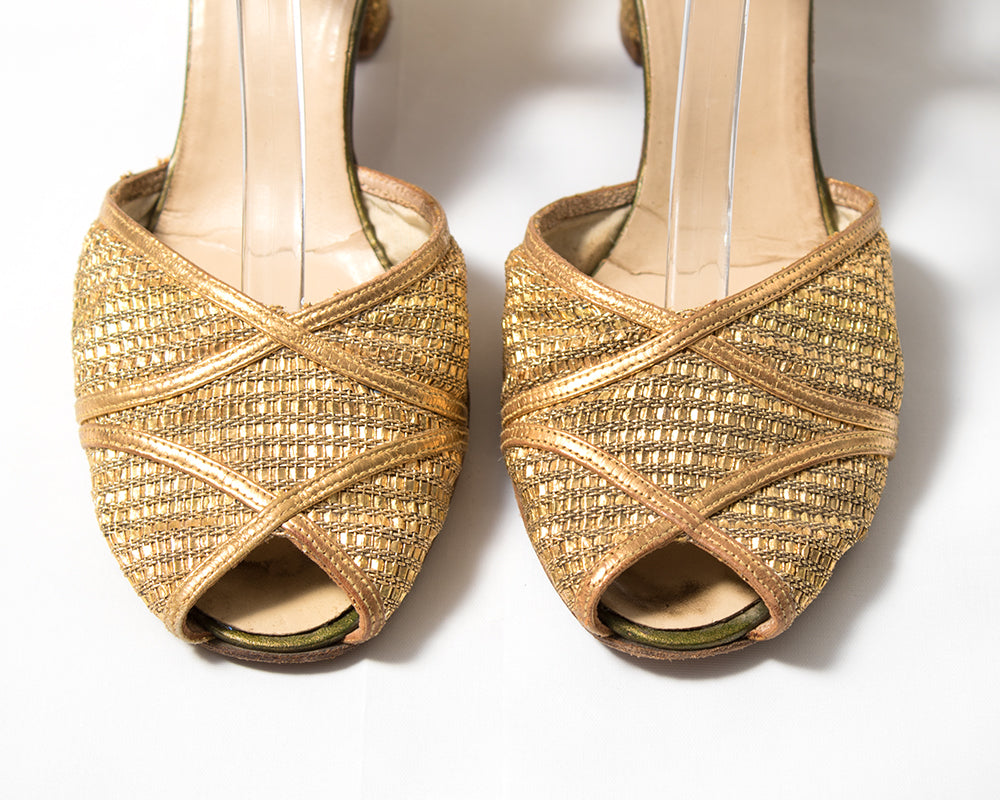 1930s Metallic Gold Woven Peep Toe Heels