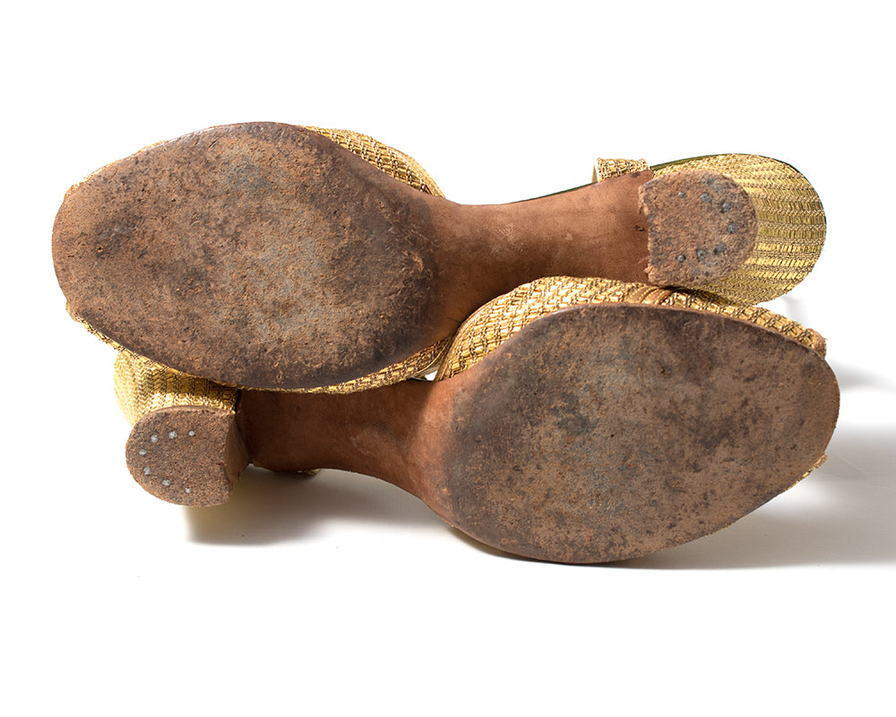 1930s Metallic Gold Woven Peep Toe Heels