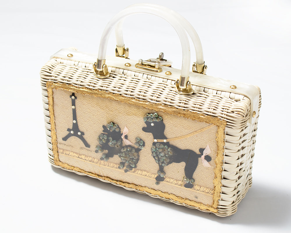 1950s Parisian Poodles Novelty Wicker Box Purse by Atlas