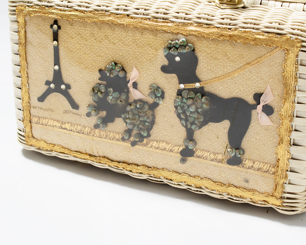 1950s Parisian Poodles Novelty Wicker Box Purse by Atlas