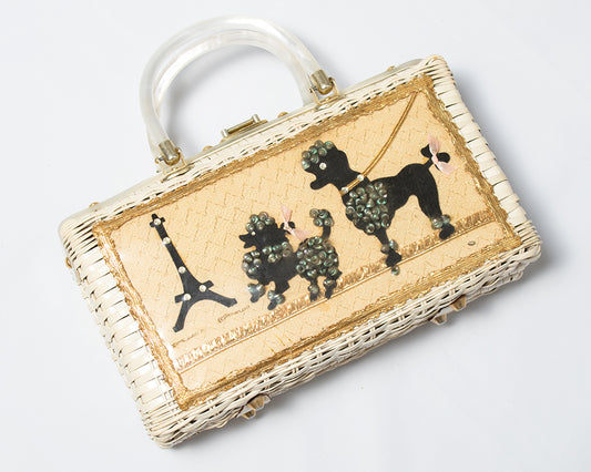 1950s Parisian Poodles Novelty Wicker Box Purse by Atlas