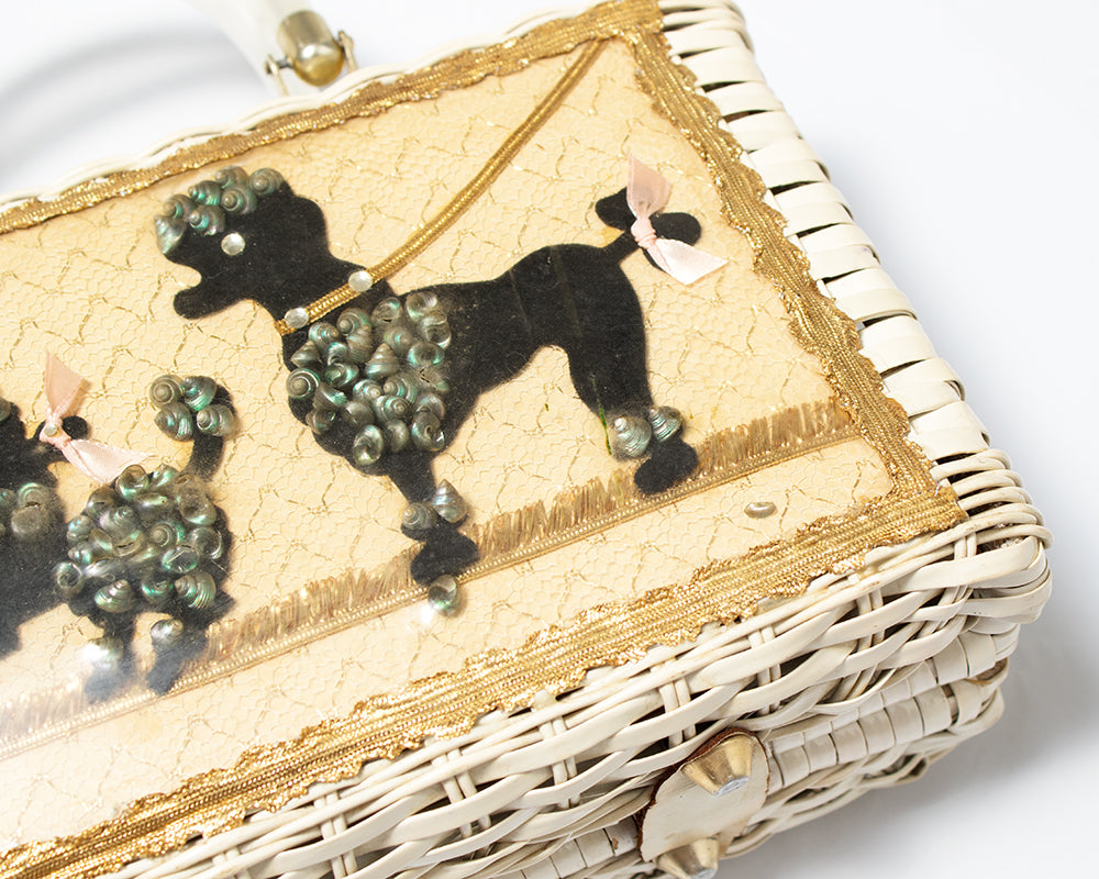 1950s Parisian Poodles Novelty Wicker Box Purse by Atlas