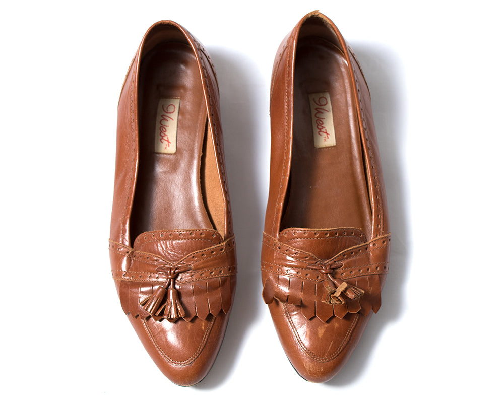 1980s 1990s Brown Leather Tassel Flats