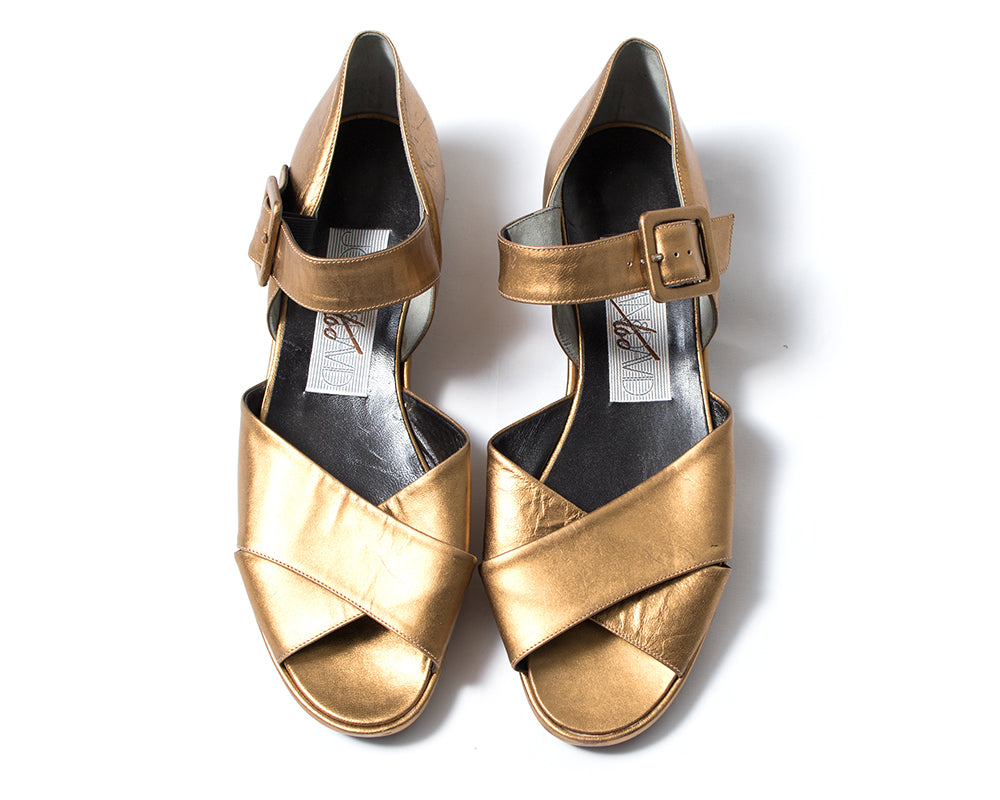 1980s 1990s Metallic Gold Leather Wedge Sandals