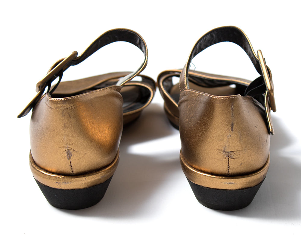 1980s 1990s Metallic Gold Leather Wedge Sandals