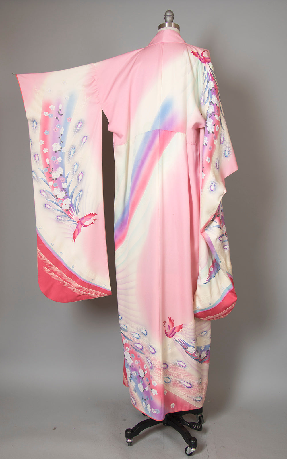 Vintage Peacock Novelty Print Dip Dye Furisode Kimono