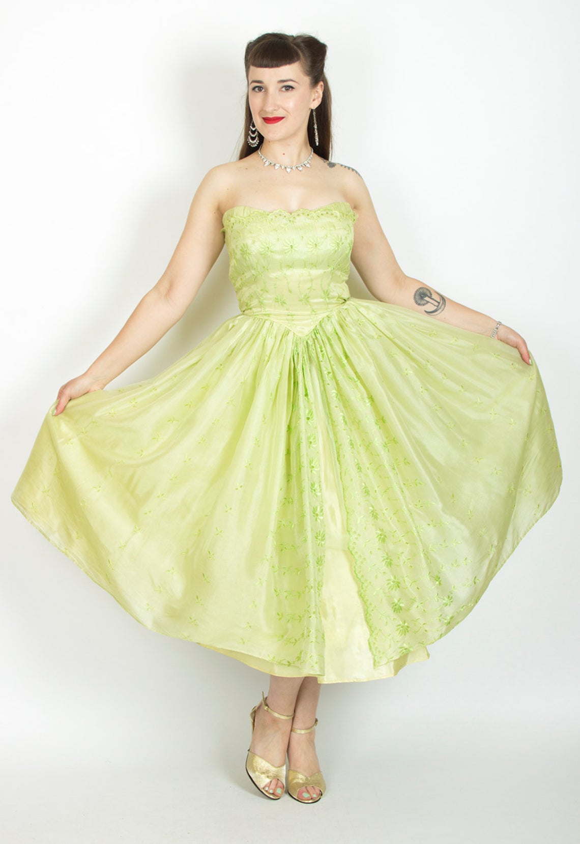 1950s Chartreuse Eyelet Organza Cupcake Party Dress