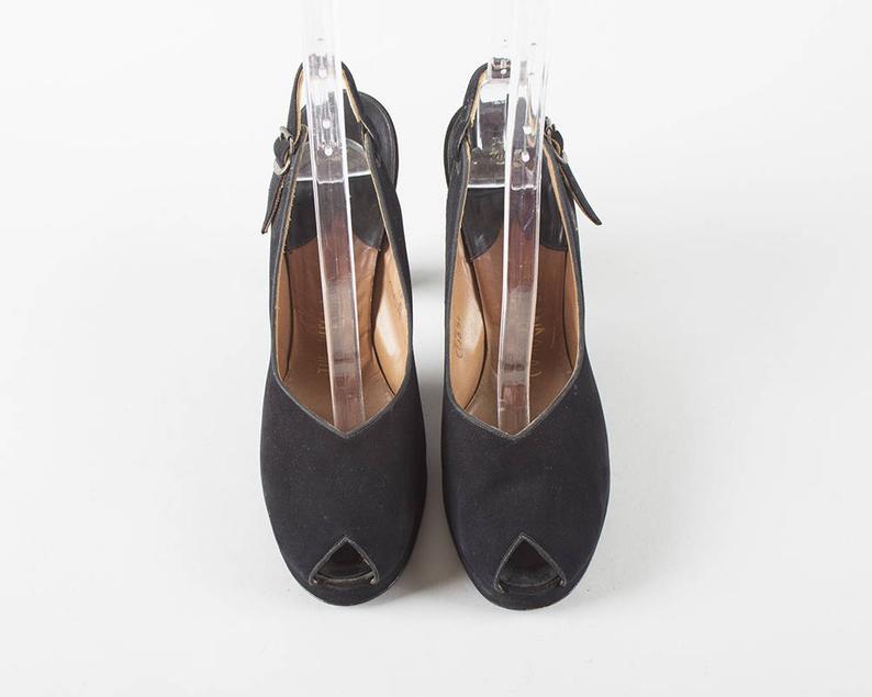 1940s Black Velvety Peep Toe Platforms