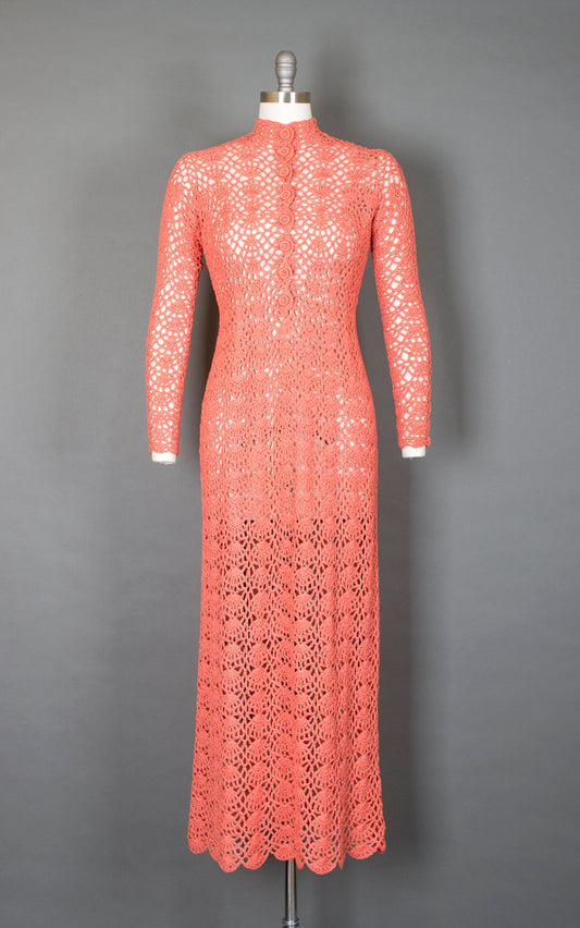 Vintage 1970s Sweater Dress | 70s Crochet Peach See Through Sheer Boho Maxi Wedding Dress (small/medium)