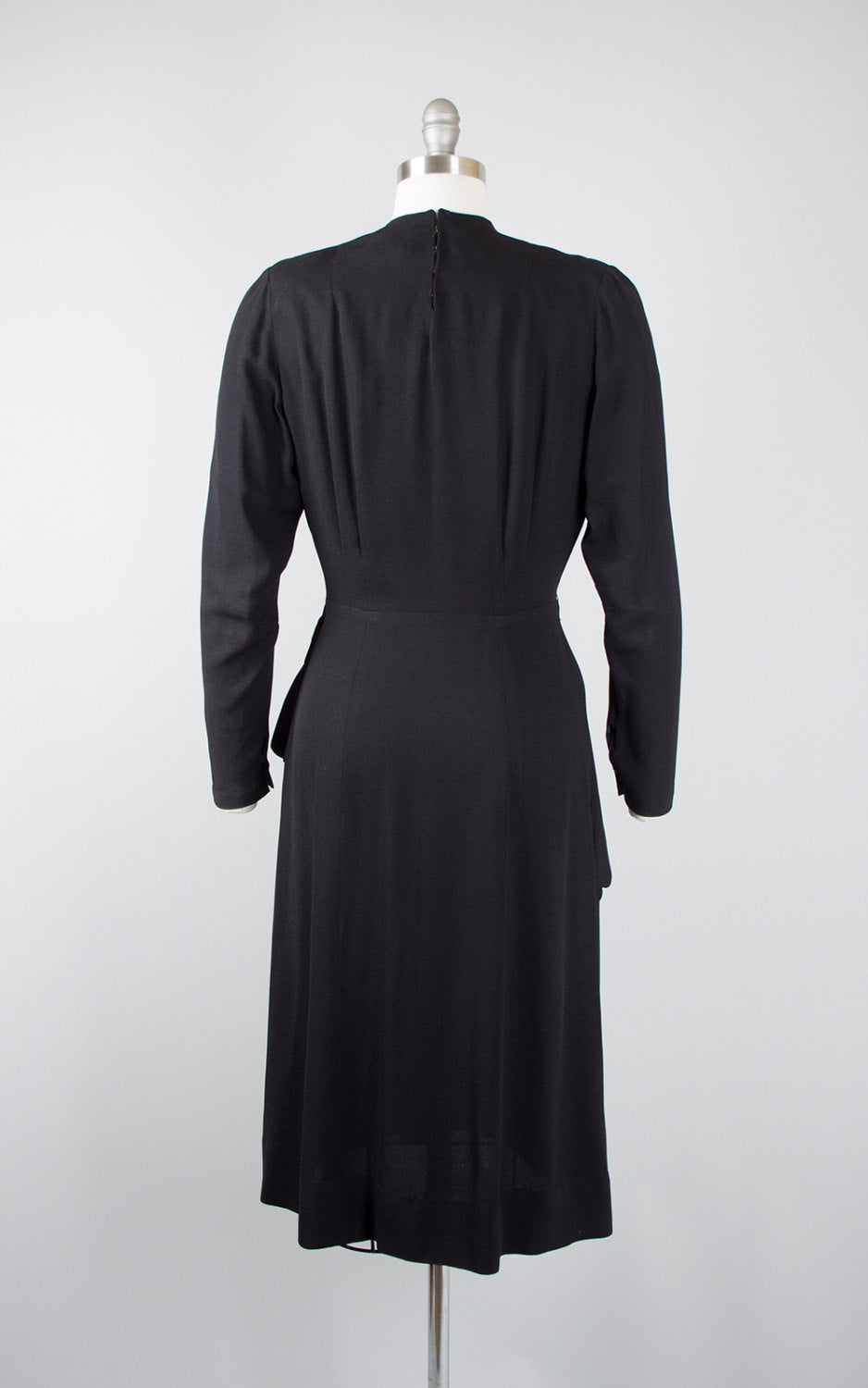 Vintage 1940s Dress | 40s Black Rayon Cocktail Dress Peplum Satin Trim Long Sleeve Wiggle Evening Dress (medium)