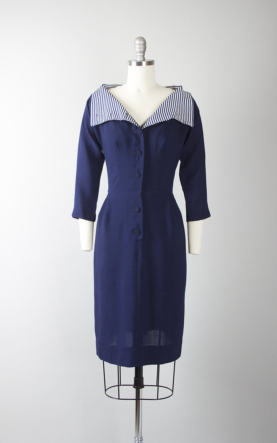 Vintage 1950s Dress | 50s Wool Striped Wide Collar Navy Blue Nautical Shirtwaist Wiggle Dress (xs/small)