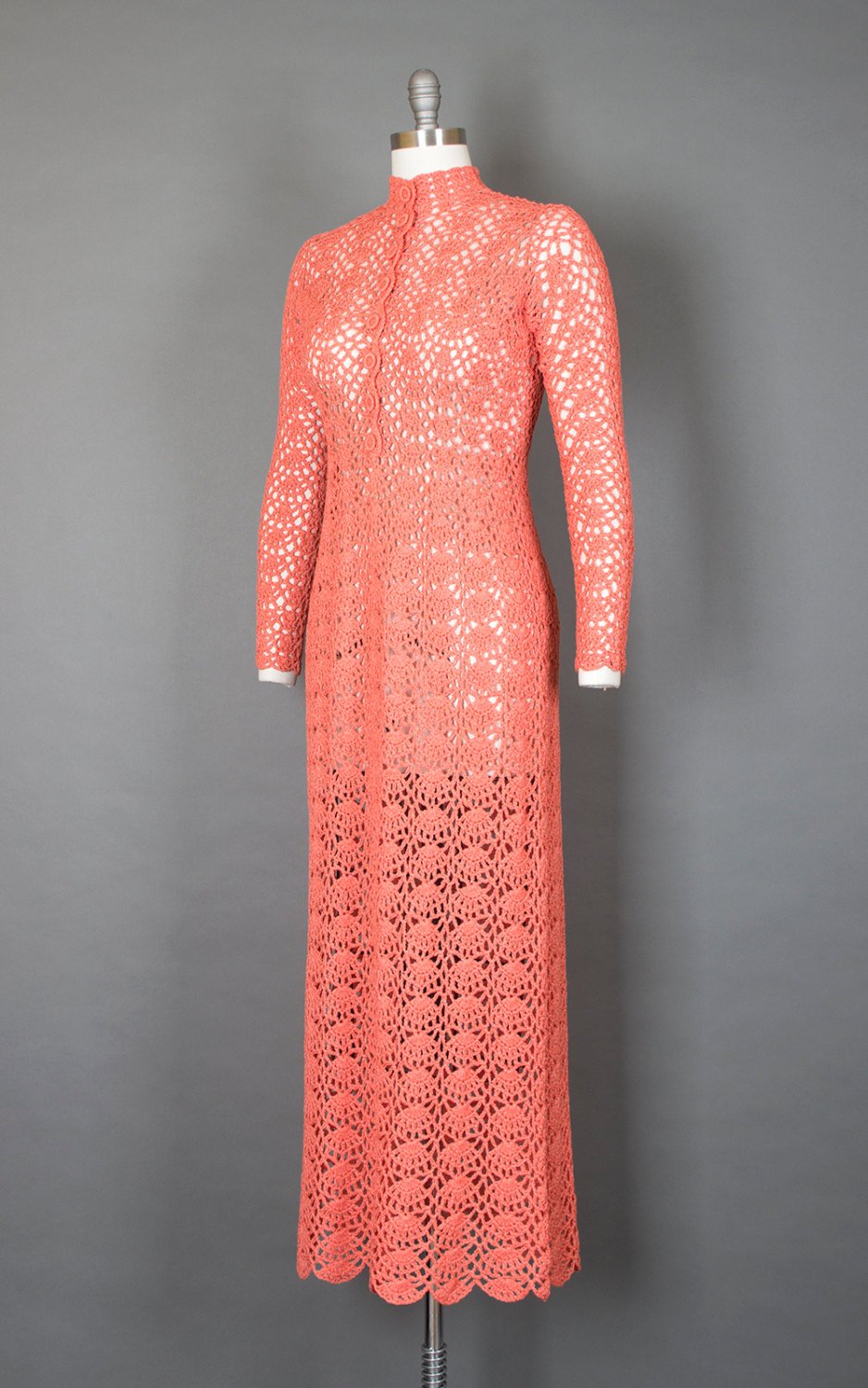 Vintage 1970s Sweater Dress | 70s Crochet Peach See Through Sheer Boho Maxi Wedding Dress (small/medium)