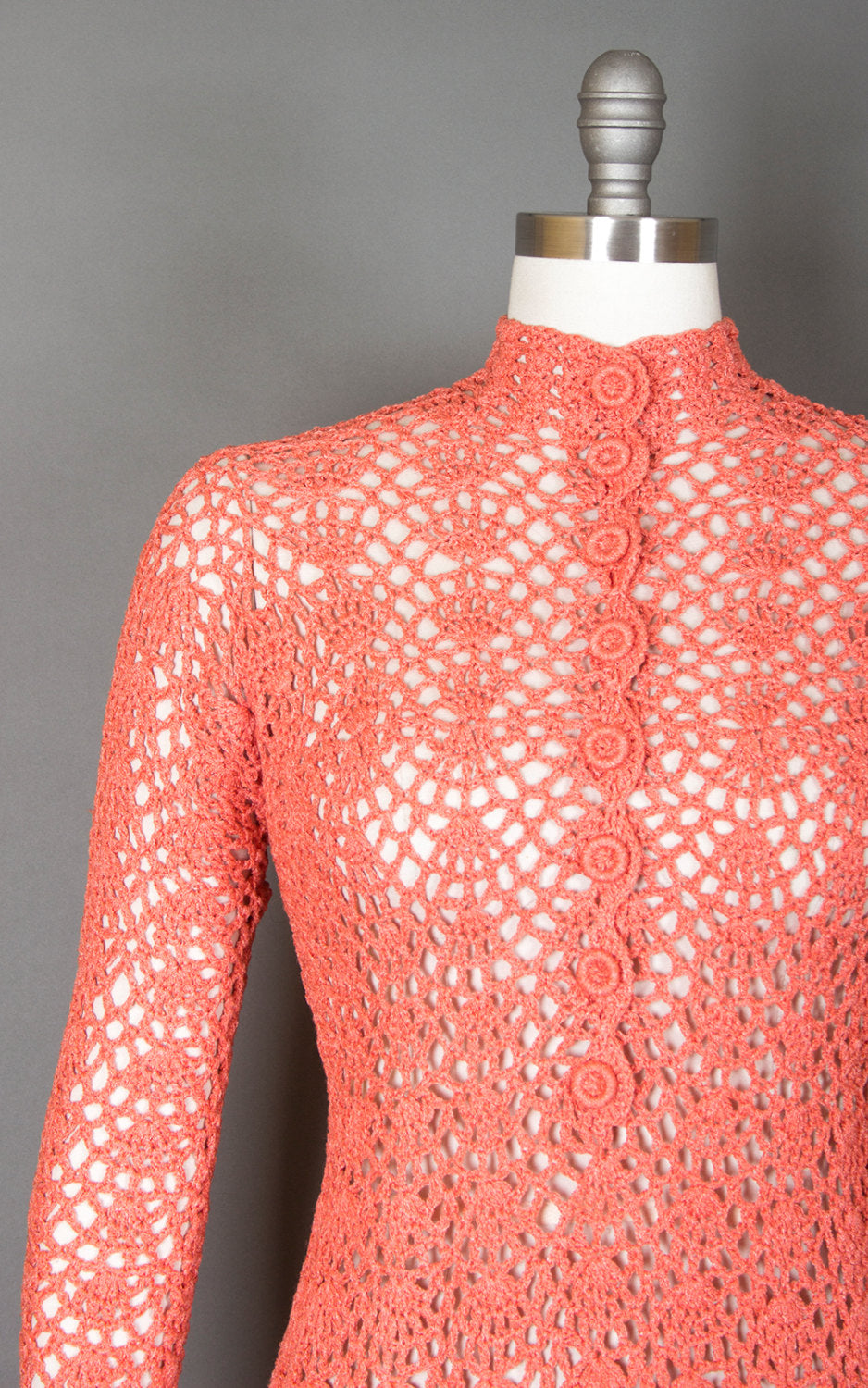 Vintage 1970s Sweater Dress | 70s Crochet Peach See Through Sheer Boho Maxi Wedding Dress (small/medium)