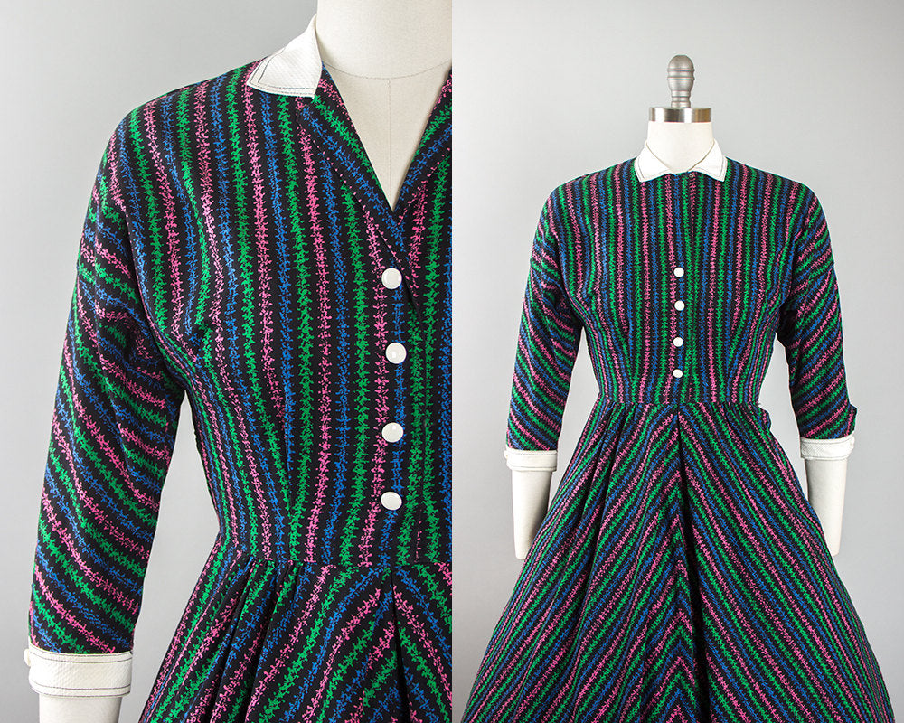 Vintage 1950s Dress | 50s Cotton Novelty Print Striped Shirtwaist Full Skirt Day Dress (small)