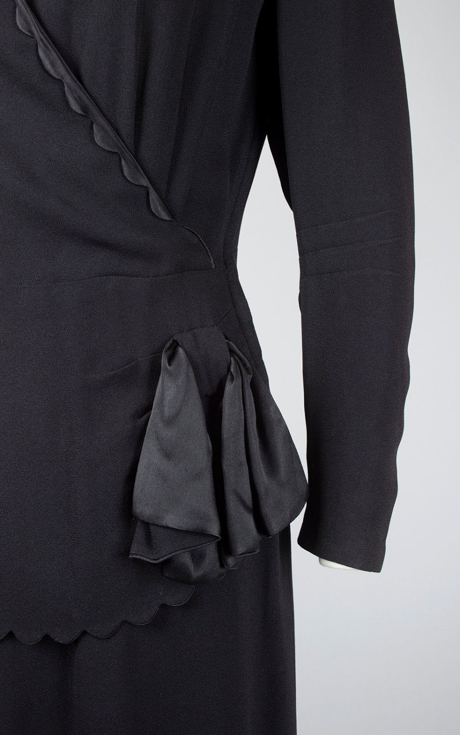Vintage 1940s Dress | 40s Black Rayon Cocktail Dress Peplum Satin Trim Long Sleeve Wiggle Evening Dress (medium)