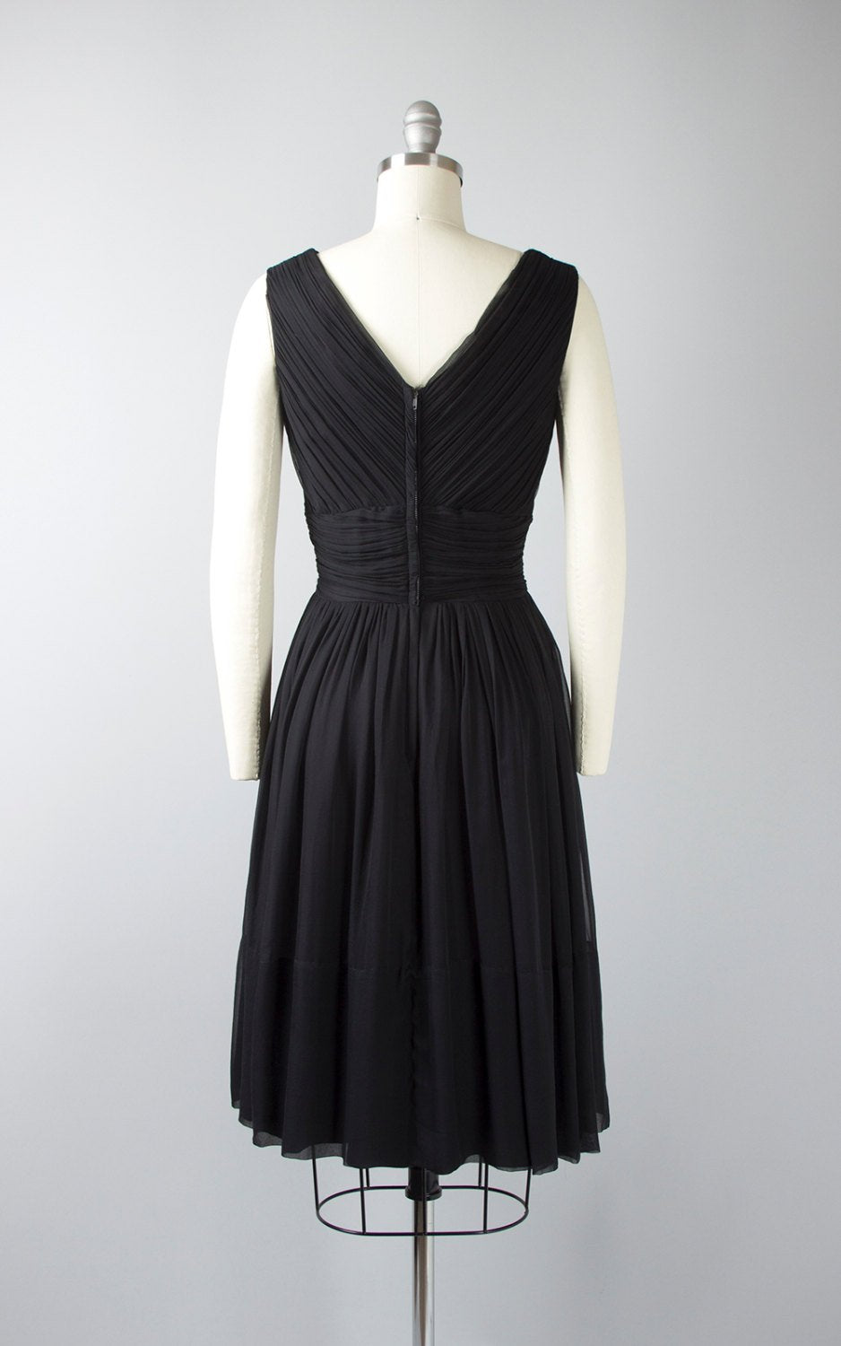 Vintage 50s Black Silk Chiffon Cocktail Dress | 1950s Ruched Gathered Full Skirt Party Dress (xs/small)