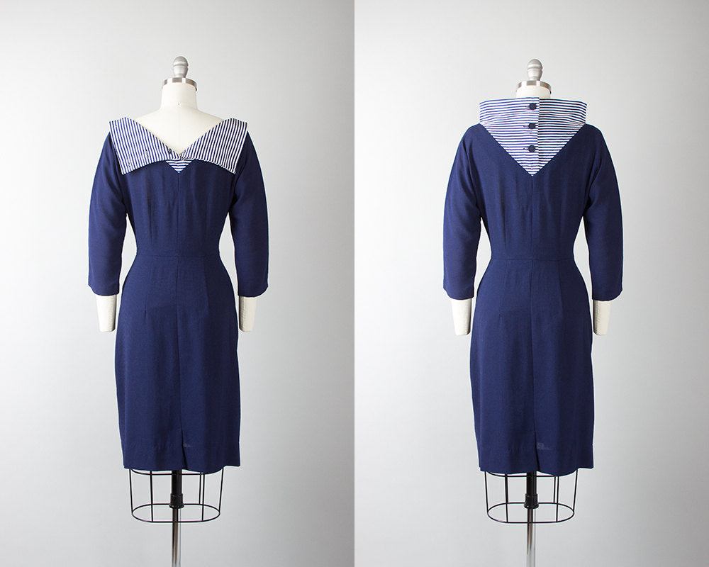 Vintage 1950s Dress | 50s Wool Striped Wide Collar Navy Blue Nautical Shirtwaist Wiggle Dress (xs/small)