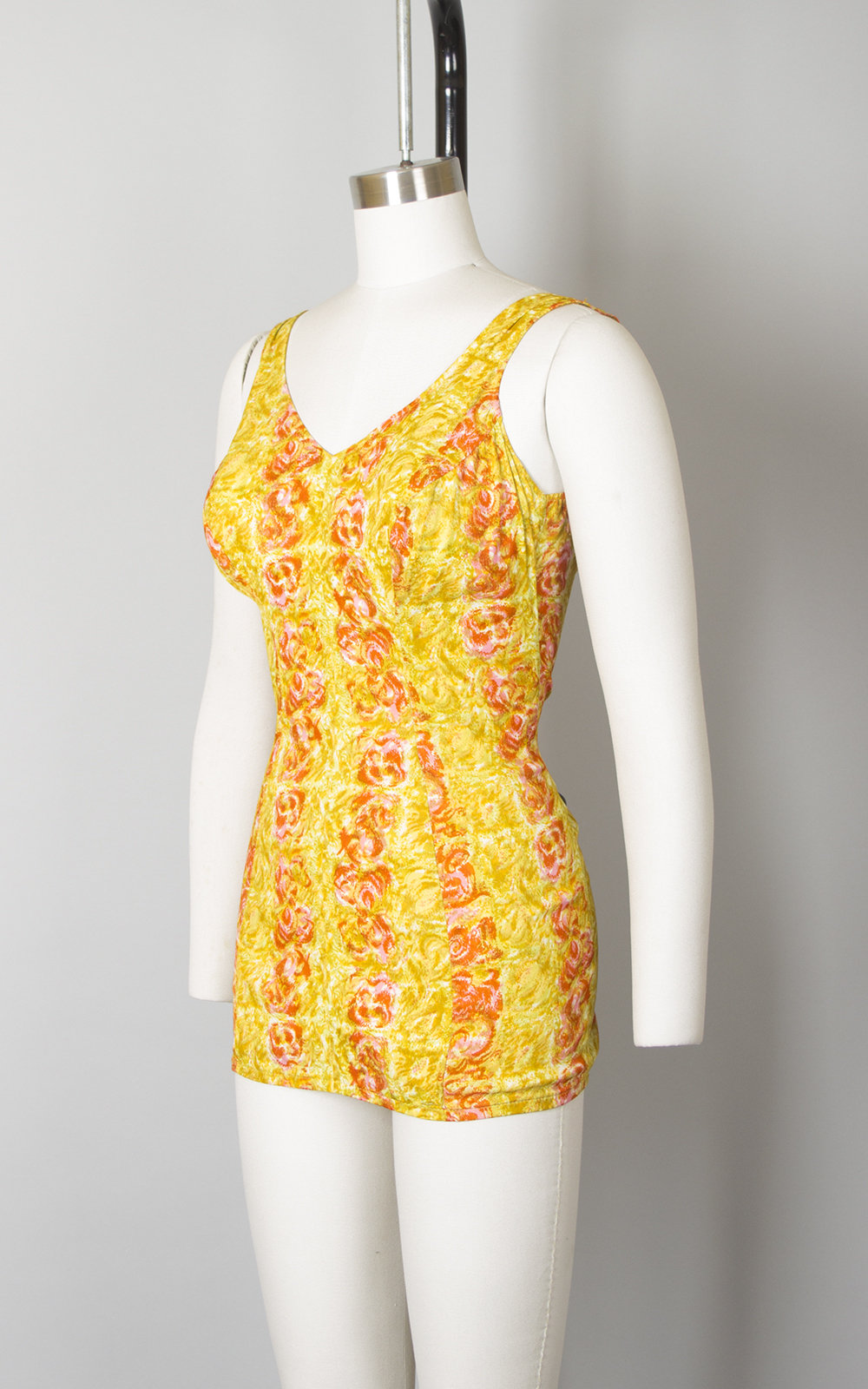 Vintage 1960s Swimsuit | 60s ROSE MARIE REID Rose Floral Print Striped Yellow Pink Open Back One Piece Pin Up Bathing Suit (medium/large)