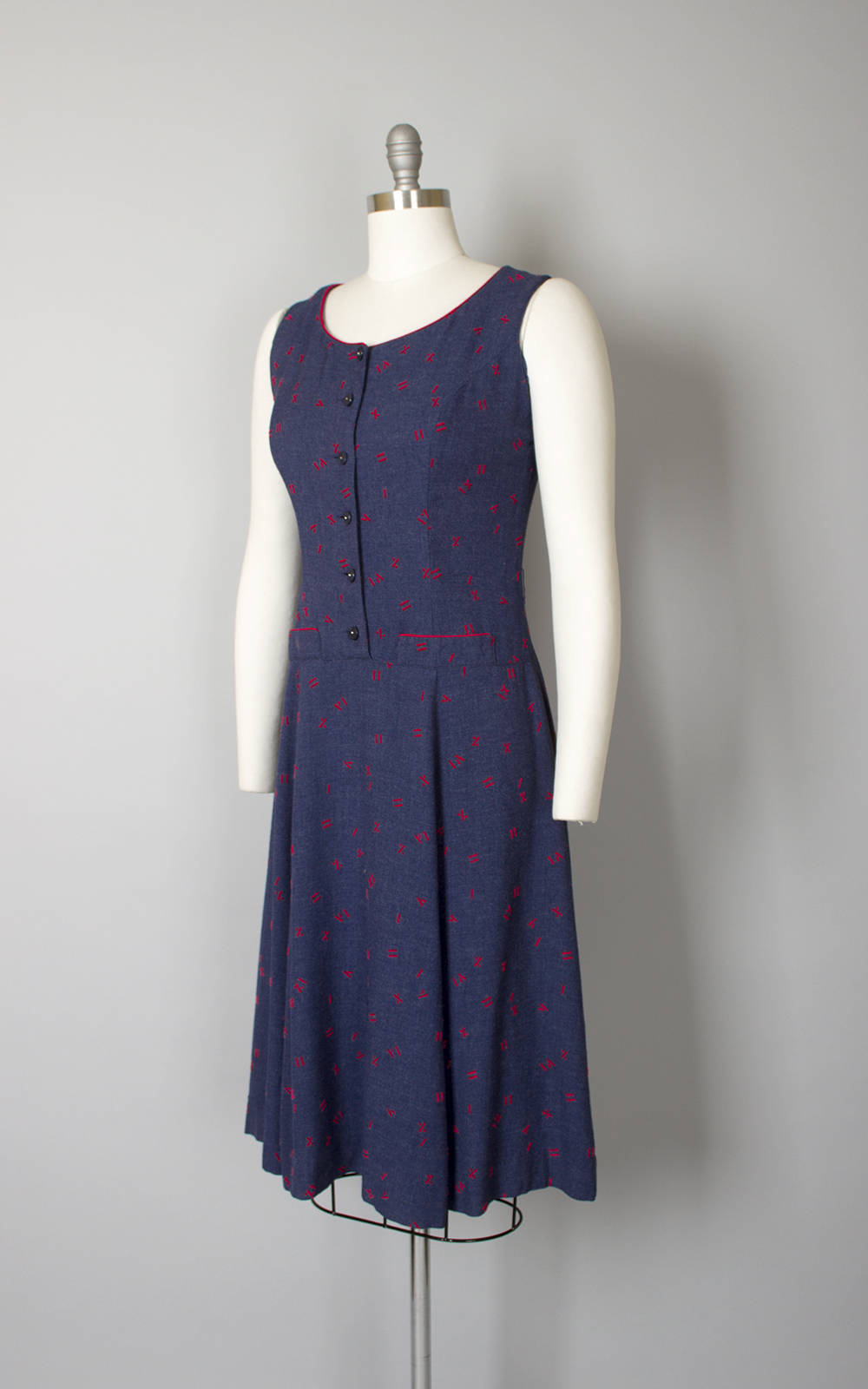 Vintage 1940s Dress | 40s Novelty Print Roman Numerals Cotton Flocked Full Skirt Navy Blue Red Shirtwaist Day Dress (medium)