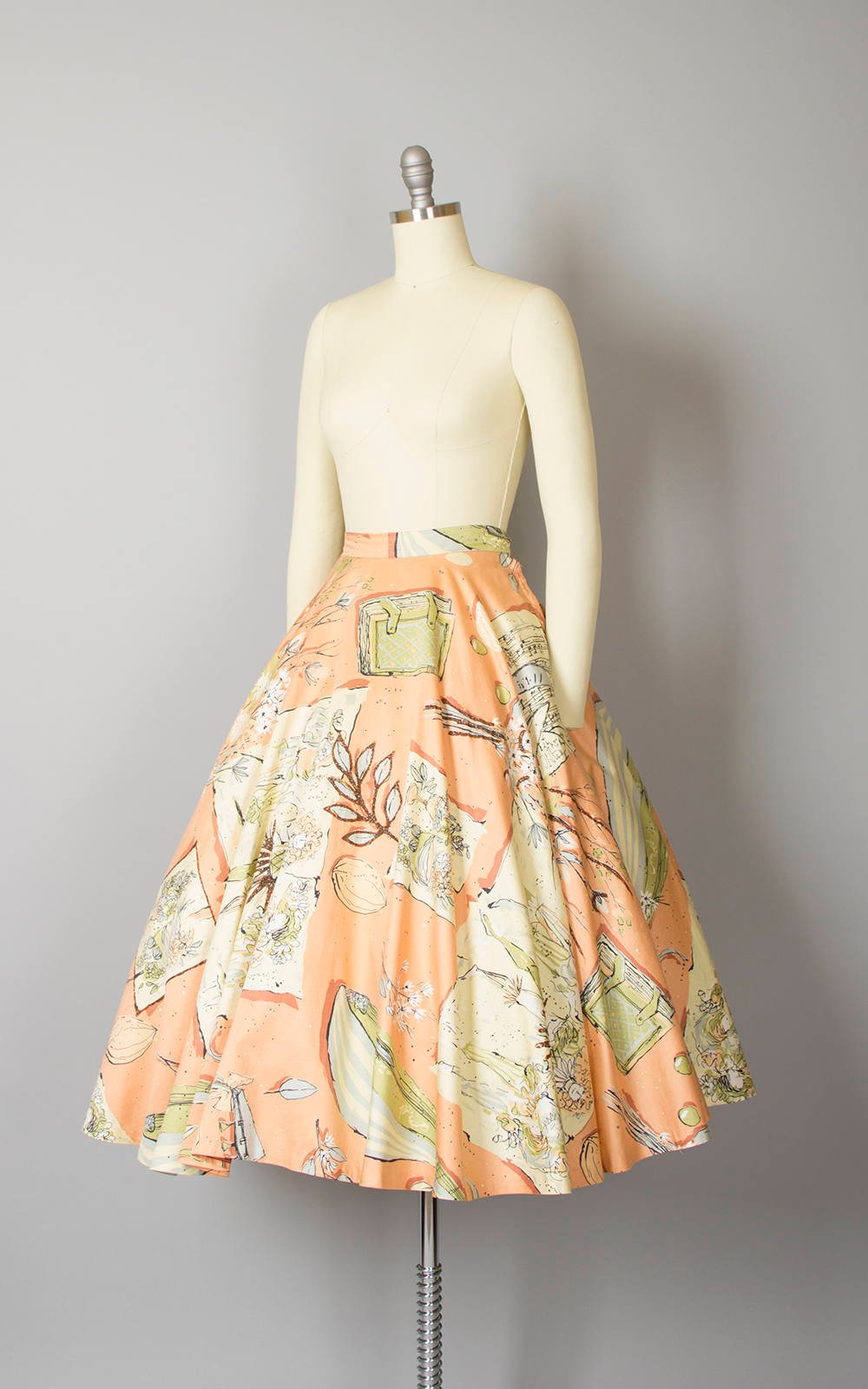 Vintage 1950s Circle Skirt | 50s Novelty Print Cotton Floral Music Guitar Books Peach Glitter Skirt (small)