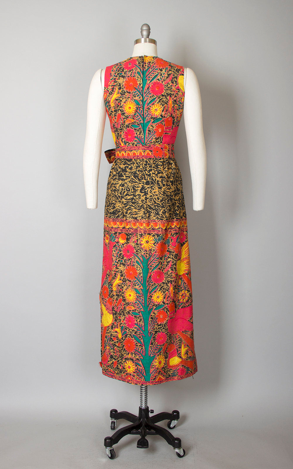 Vintage 1960s 1970s Dress | 60s 70s Mexican Sun Dress Floral Bird Novelty Batik Wax Print Cotton Maxi Day Dress (small)